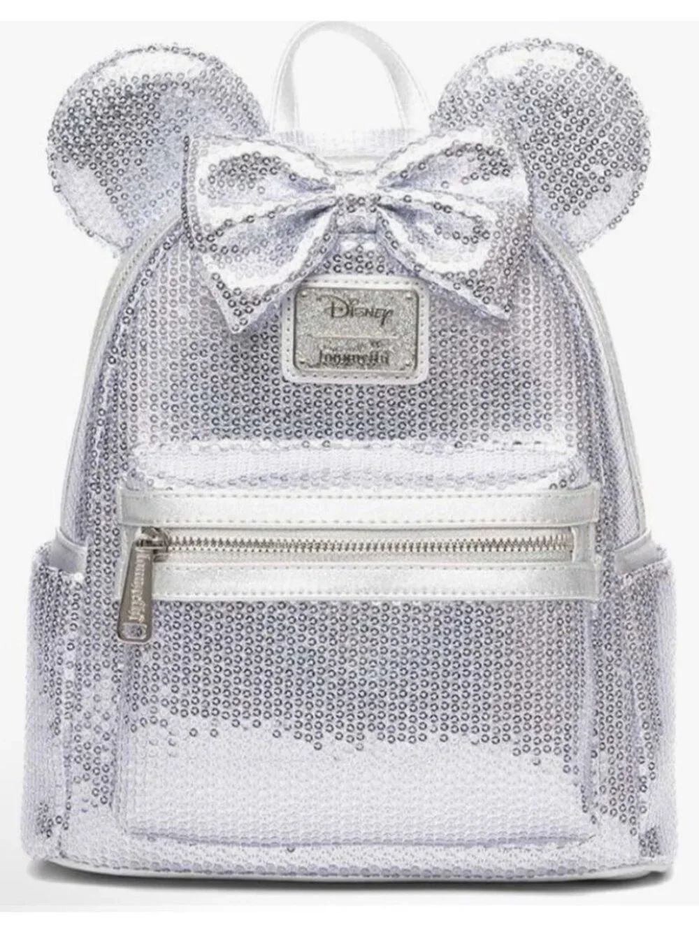 Loungefly Disney Minnie Mouse Platinum Silver Sequin Mini Backpack NWT